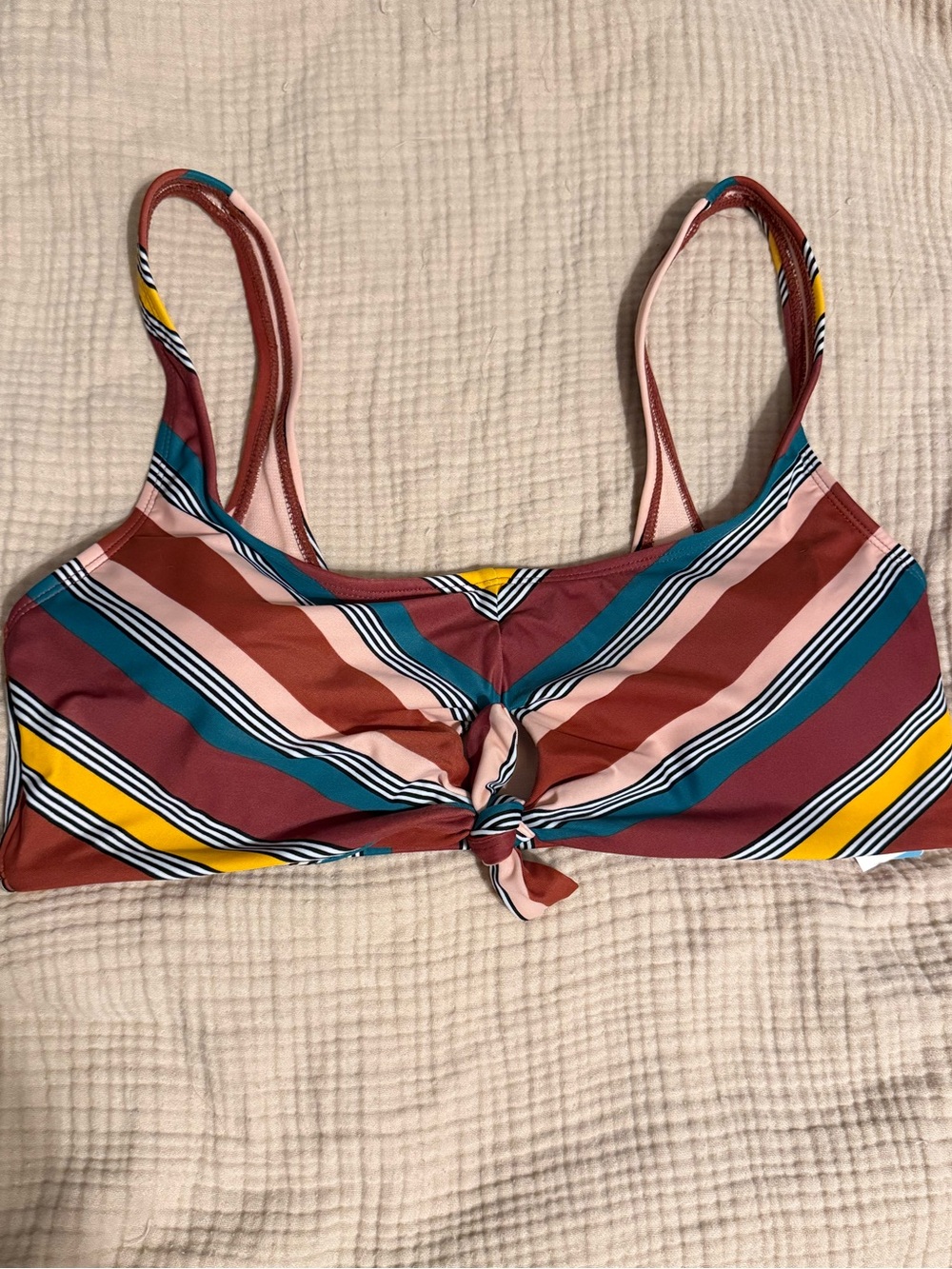 Striped Tie-Front Bikini Top in Burgundy, Teal & Yellow